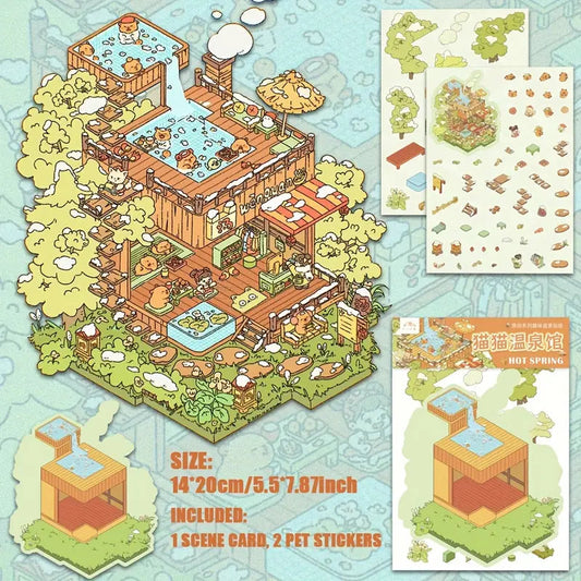 Farm|Kitty Hot Spring|Kitty Cottage-DIY 3D Miniature Scene Sticker