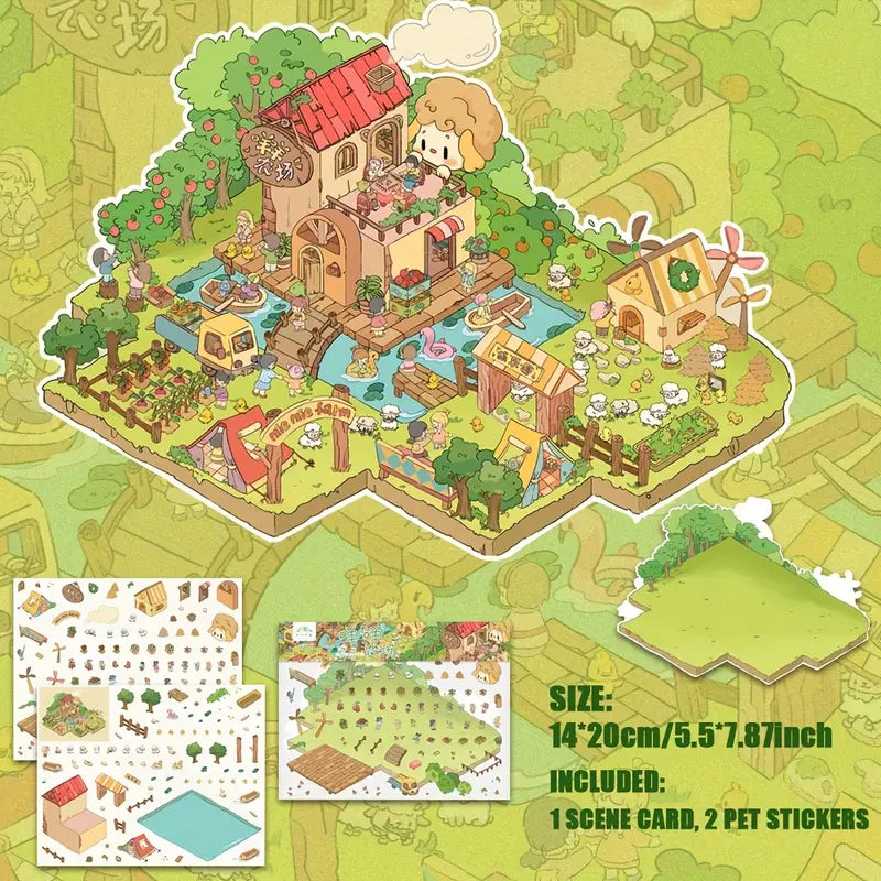 Farm|Kitty Hot Spring|Kitty Cottage-DIY 3D Miniature Scene Sticker