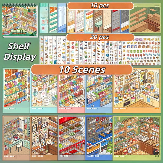 Shelf Display|Restocking-10 Cute Miniature Scenes in 1 --DIY 3D Sticker Scene Book(Telado)